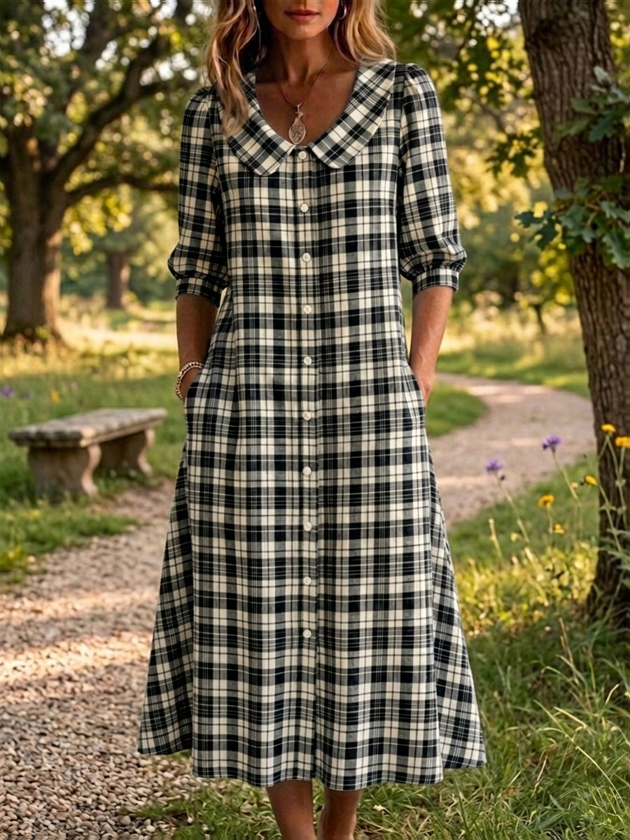Clearance Saleš„ Women's Retro Peter Pan Collar Stripe Print Cotton Linen Dress