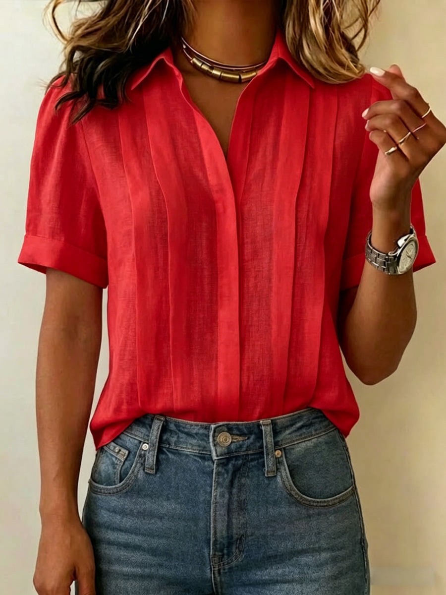Clearance Saleš„ Women's Lapel Short-sleeved Casual Loose Pleated Cotton And Linen Shirt