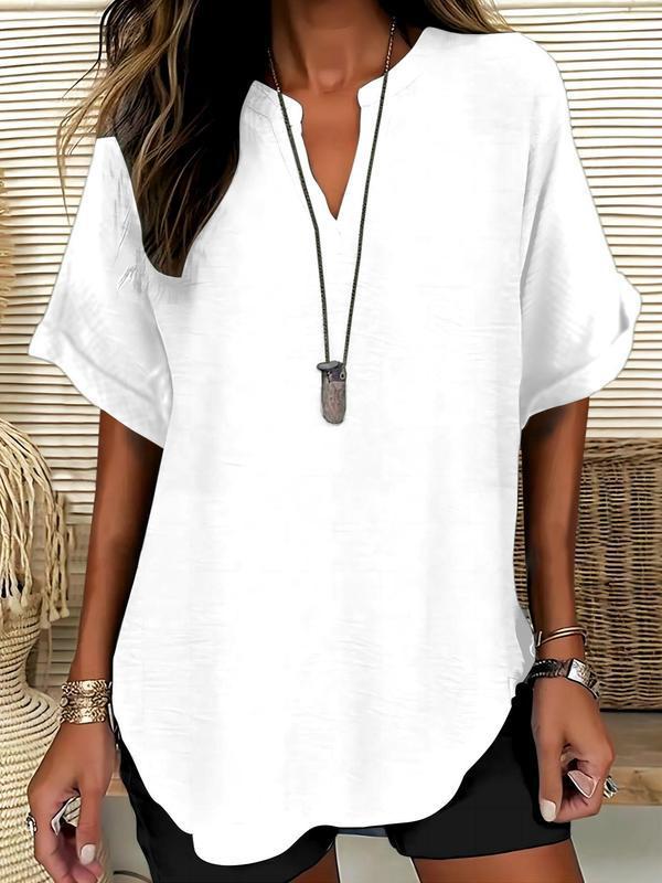 🔥Women's Plain Short Sleeve Blouse, Casual Solid Color Top for Daily Wear, Ladies Clothes for All Seasons