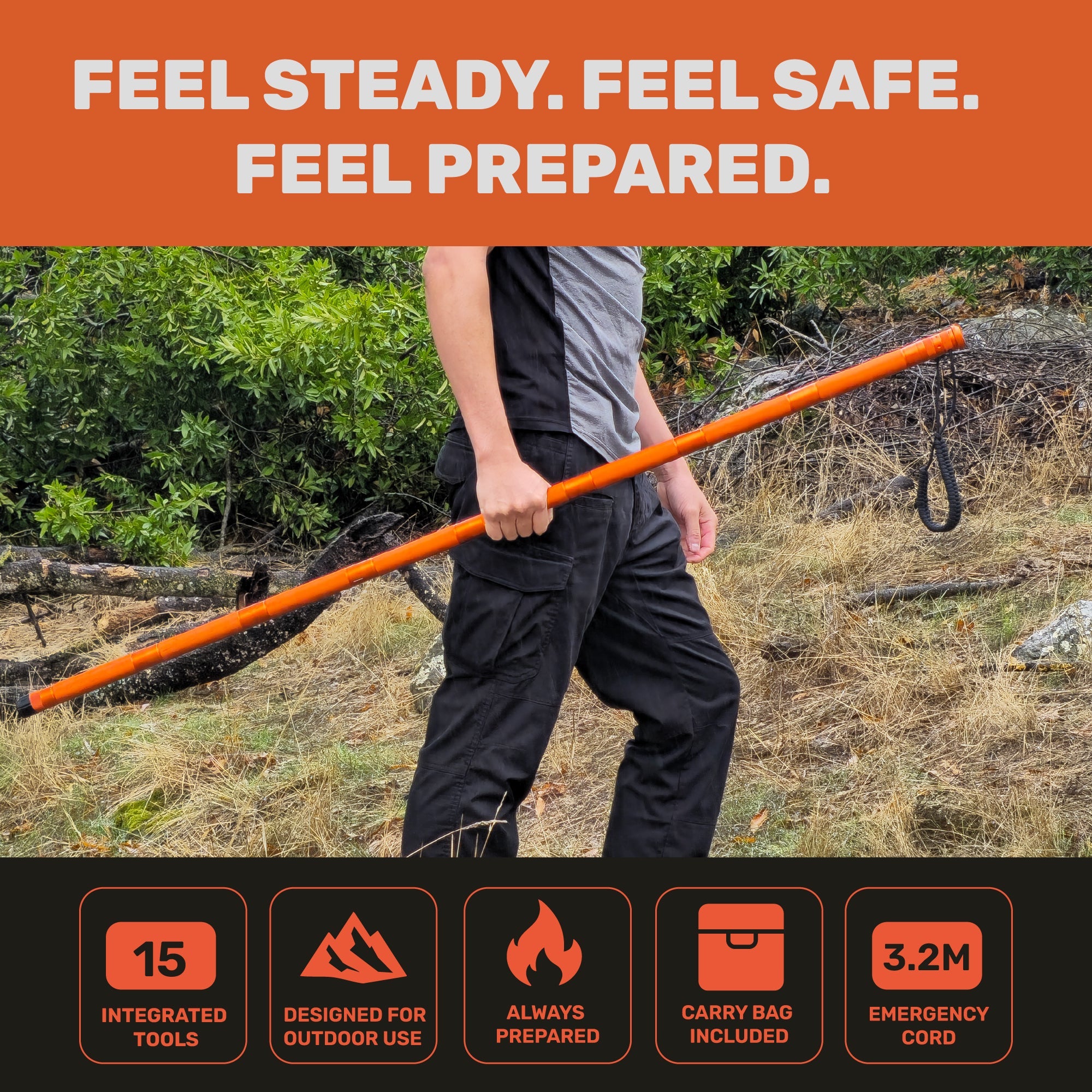 Tactical Hiking Stick - 15-in-1 Survival Multi-Tool for Outdoors