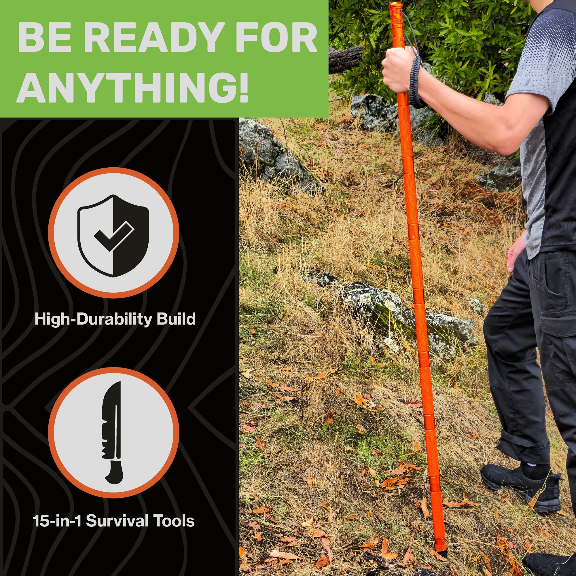 Tactical Hiking Stick - 15-in-1 Survival Multi-Tool for Outdoors