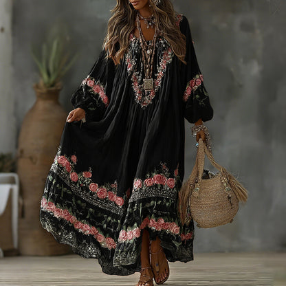 Women's Vintage Floral Art Print Flowy Linen Blend Casual Long Sleeve Maxi Dress