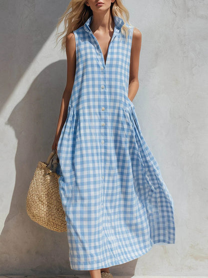 Women's Plaid-print V-neck Sleeveless Casual Loose Cotton-linen Dress