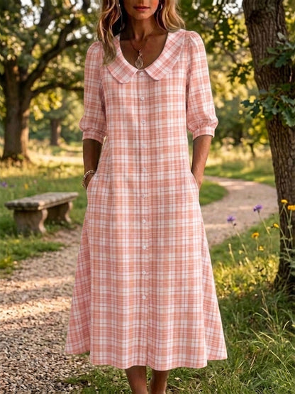 Clearance Sale🔥 Women's Retro Peter Pan Collar Stripe Print Cotton Linen Dress