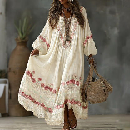 Women's Vintage Floral Art Print Flowy Linen Blend Casual Long Sleeve Maxi Dress