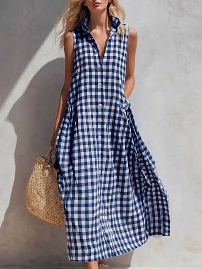 Women's Plaid-print V-neck Sleeveless Casual Loose Cotton-linen Dress