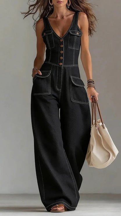 Women's Washed Denim Loose-Fit Sleeveless Jumpsuit with Straps