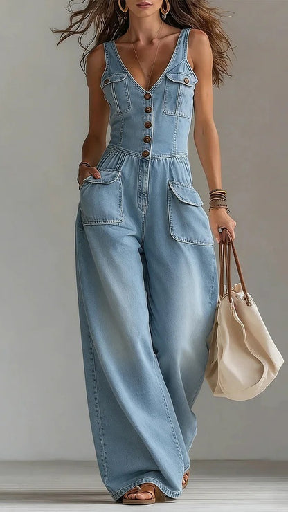Women's Washed Denim Loose-Fit Sleeveless Jumpsuit with Straps